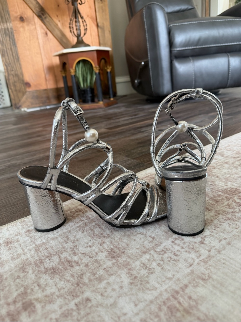 Silver Strappy Block Heel Sandals with Pearl Accent